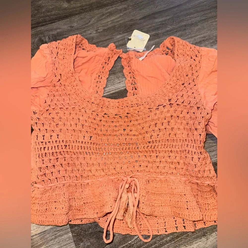 Free People Women's Tan Scoop Neck Blouson Sleeve Megan Crochet Top Size NWT
